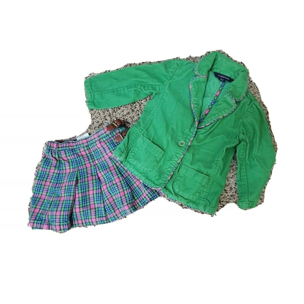 Girl's 2 piece green jacket and plaid skirt Lands End sizez 2t